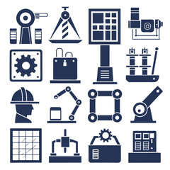 Blue Manufacturing Industrial Icons Set, Factory and Automation