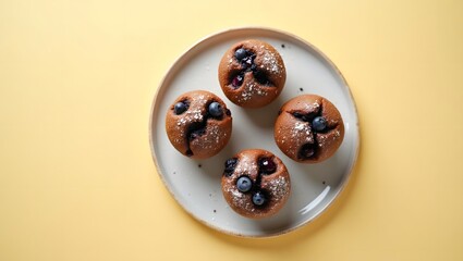 Blueberry muffins on a pastel yellow background