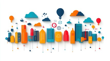 Fototapeta premium Colorful city skyline illustration with connected elements, abstract urban concept