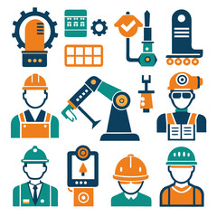 Industrial and Manufacturing Icons: Workers, Equipment, Automation Elements
