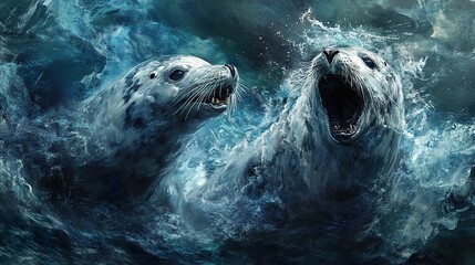 Fototapeta premium Powerful Seals in a Stormy Ocean