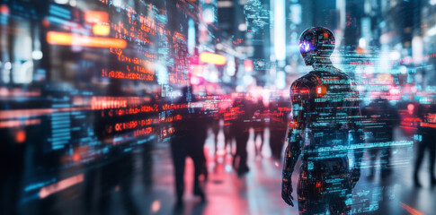 A humanoid robot stands in a bustling city, observing the vibrant lights and digital displays. People rush by, unaware of its presence. The scene reflects the intersection of technology and humanity.