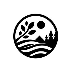 Monochrome Nature Logo: Circular Design with Mountains, Trees, and Sun