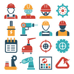 Automation and Manufacturing Icons Featuring Workers and Equipment