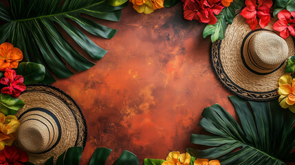 Tropical Summer Background with Straw Hats and Leaves for Cinco de Mayo