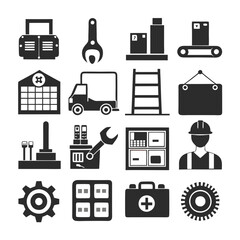 Factory, industry, manufacturing, and engineering related icon set