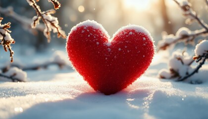 Obraz premium Red Heart in Snowy Winter Landscape: Warm Sunlight, Romantic Atmosphere