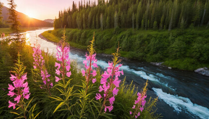 Beautiful pink flowers by flowing river at sunset