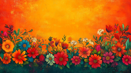 Vibrant Floral Border Against a Sunset Background for Cinco de Mayo