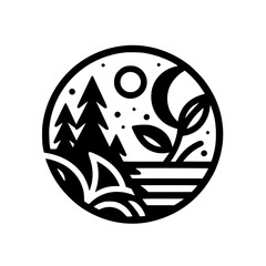 Nature's Circle: Minimalist Black and White Landscape Icon