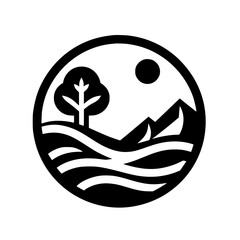 Nature Icon: Minimalist Landscape in a Circle, Black and White