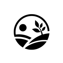 Minimalist Nature Icon: Sun, Landscape, Sprout in Circle