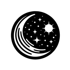 Celestial Icon: Crescent Moon, Stars, Sun, Black & White Circle
