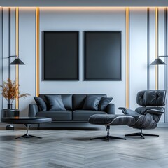Modern Living Room Interior Design with Black Sofa and Elegant Accent Lighting in Minimalist Style