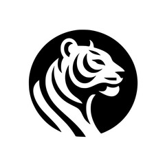 Bold Tiger Head Silhouette in Circle, Black and White Logo Design