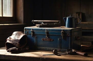 Nostalgic Father’s Day still life with vintage toolbox, coffee mug, leather gloves, and bow tie on rustic workbench — warm tribute to craftsmanship and appreciation