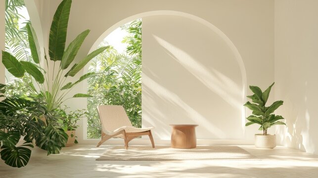 Sunlit interior design with tropical plants, modern chair, and elegant architecture, perfect for relaxation and wellness.