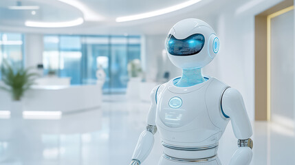 Humanoid robot assistant stands in modern office space with sleek design and bright blue accents. Minimalist white interior creates clean and professional atmosphere