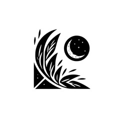 Black and White Botanical Illustration with Crescent Moon and Stars