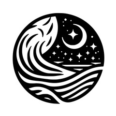 Night Sea, Moon and Stars: Black and White Circle Design