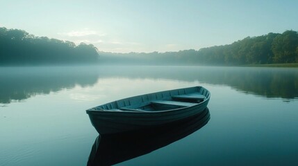 Serene Morning Lake Scene with Mist and Empty Boat on Water