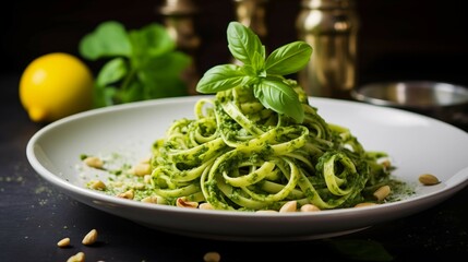 Bright green pasta coated in lemon-zested pistachio pesto, garnished with crushed pistachio nuts and fresh basil leaves.