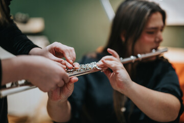 Flute lesson showcasing hand and finger placement on the instrument, emphasizing proper technique...
