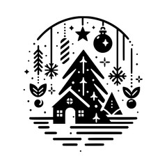 Minimalist Christmas Circle Icon with Tree, House, and Ornaments