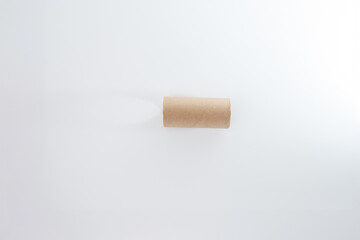 a single brown cardboard tube, a toilet paper roll, placed on a white background. The texture of the tube shows slight creases, highlighting its simplicity and versatility as a craft material