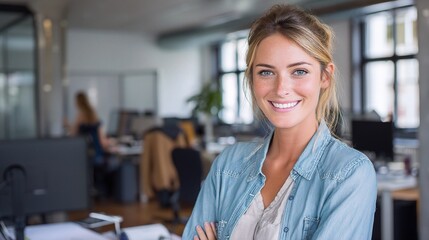 Naklejka premium Modern Munich Office Scene with Young Business Professional Smiling