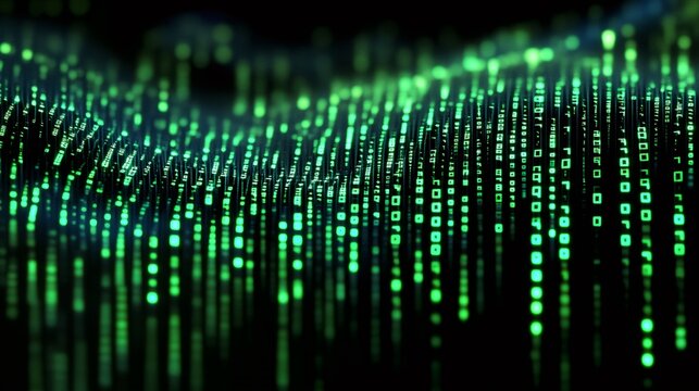 Big data stream flowing with green binary code on black background