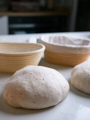 Sourdough Bread in Proofing basket, bannetons baskets for retarding raw dough before baking.