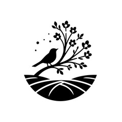 Black & White Bird on Branch with Blossoms Silhouette