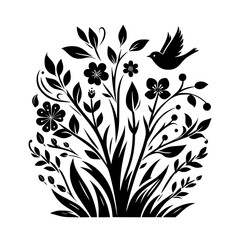 Silhouette Floral Design with Bird, Vector Illustration, Elegant, Monochrome