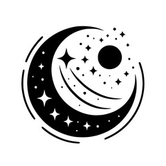 Celestial Crescent Moon and Stars Vector Illustration in Black & White