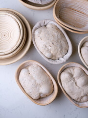 Sourdough Bread in Proofing basket, bannetons baskets for retarding raw dough before baking.