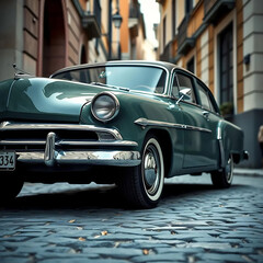A Vintage Car Parked on a Cobblestone Street