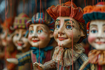 Children watching colorful puppet theater performance with traditional handcrafted toys generative AI