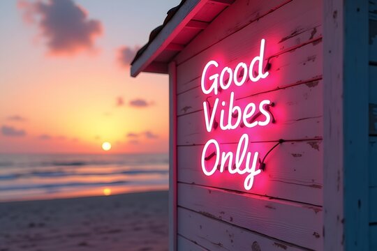Neon 'Good Vibes Only' sign glowing on house wall in warm sunset tropical ambiance - Powered by Adobe