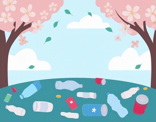 Naklejka premium 桜の木の下にゴミがたくさん落ちている