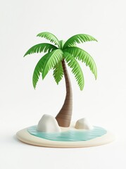 3d serene tropical island with a palm tree, rocks, and water, set against a white background.