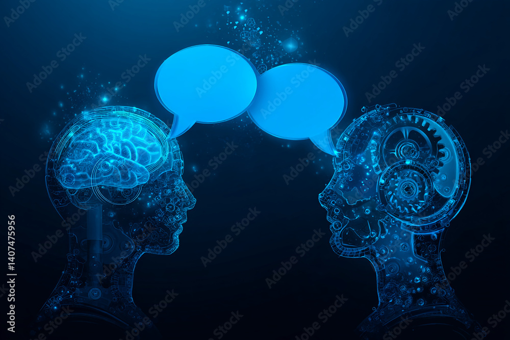 Poster Two blue translucent heads, one with a brain, the other with gears, communicate via speech bubbles, symbolizing AI interaction and communication technology
