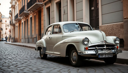 A Vintage Car Parked on a Cobblestone Street