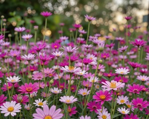 Obraz premium A vibrant field of pink and white daisies in full bloom, creating a colorful and lively atmosphere under soft sunlight.
