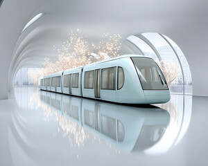 Futuristic light-blue train in a modern, arched station