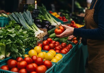 Person selecting tomatoes at fresh produce market