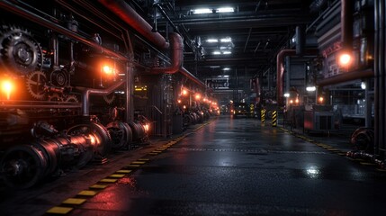 Naklejka premium Industrial steampunk engine room, machinery, dark corridor, glowing lights
