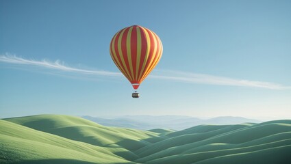 Fototapeta premium Serene Hot Air Balloon Soaring Over Rolling Green Hills and Blue Sky