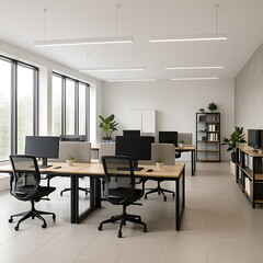 Modern Empty Corporate Office Interior with Large Windows and Minimalist Design
