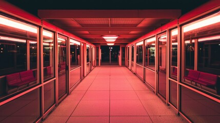 Illuminated walkway tunnel with benches under red lights at night city scape